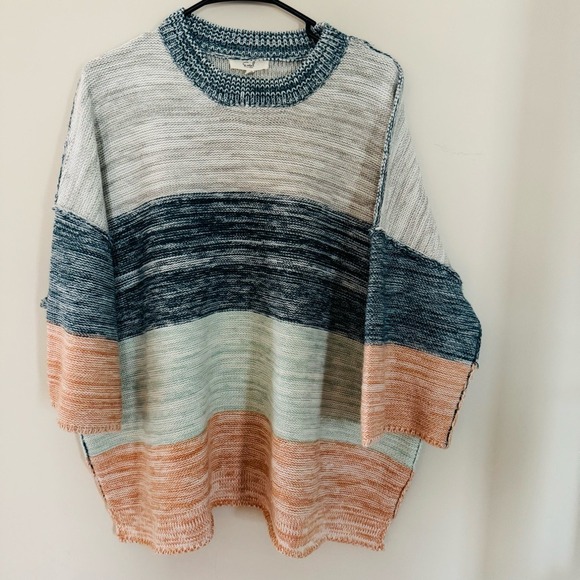 easel Sweaters - Easel Oversized Colorblock Knit Sweater Pastel Blue Peach Short Sleeve Size S